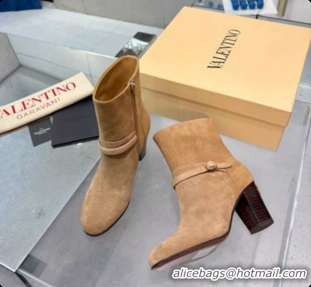 Top Design Valentino PATTIE Heel Booties 8cm in Suede with Buckle Beige 1215067