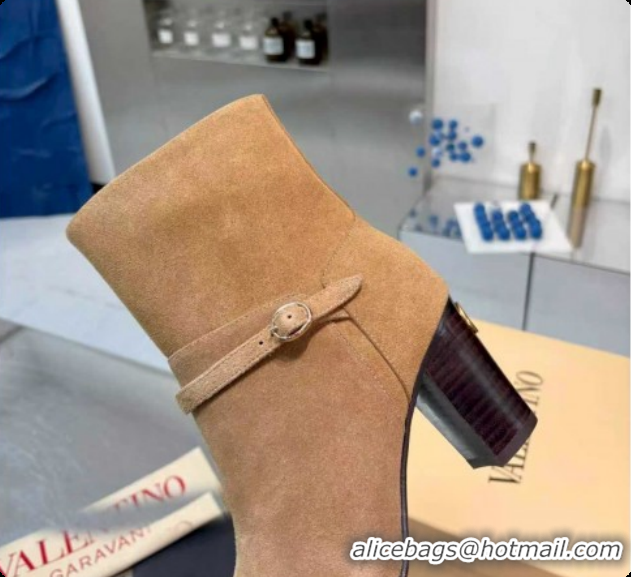 Top Design Valentino PATTIE Heel Booties 8cm in Suede with Buckle Beige 1215067