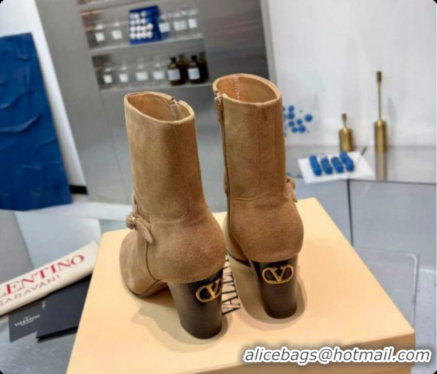 Top Design Valentino PATTIE Heel Booties 8cm in Suede with Buckle Beige 1215067