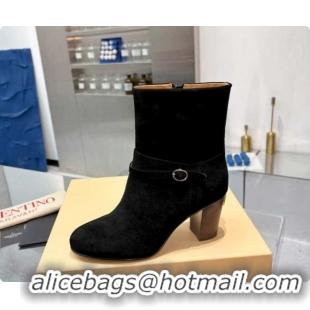 Luxury Cheap Valentino PATTIE Heel Booties 8cm in Suede with Buckle Black 1215068