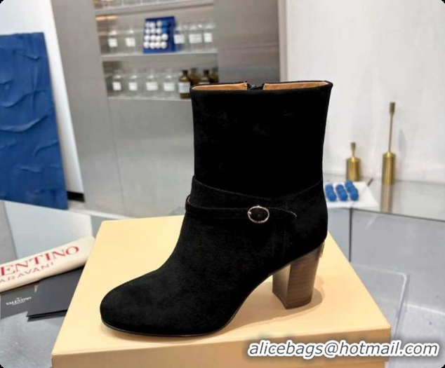 Luxury Cheap Valentino PATTIE Heel Booties 8cm in Suede with Buckle Black 1215068
