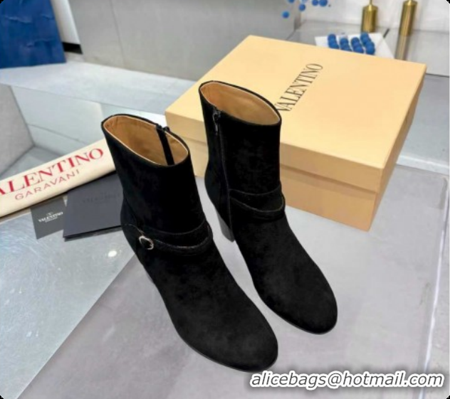 Luxury Cheap Valentino PATTIE Heel Booties 8cm in Suede with Buckle Black 1215068