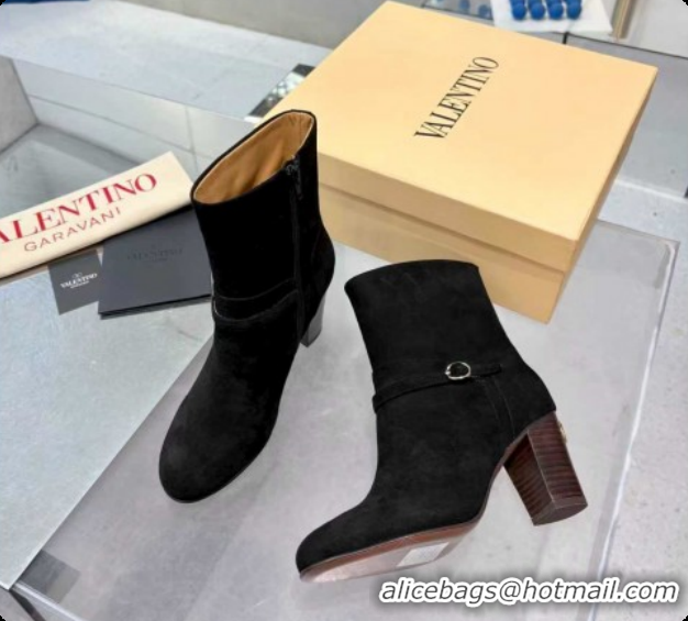Luxury Cheap Valentino PATTIE Heel Booties 8cm in Suede with Buckle Black 1215068