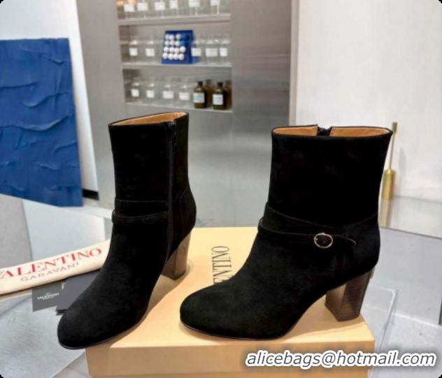 Luxury Cheap Valentino PATTIE Heel Booties 8cm in Suede with Buckle Black 1215068