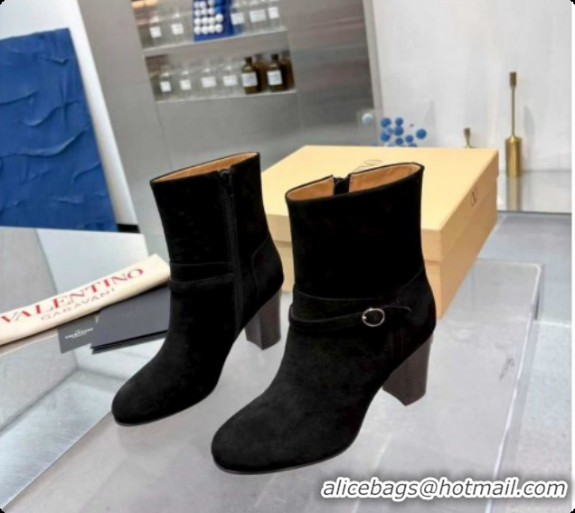 Luxury Cheap Valentino PATTIE Heel Booties 8cm in Suede with Buckle Black 1215068
