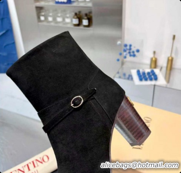 Luxury Cheap Valentino PATTIE Heel Booties 8cm in Suede with Buckle Black 1215068