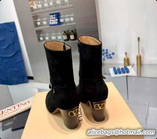 Luxury Cheap Valentino PATTIE Heel Booties 8cm in Suede with Buckle Black 1215068