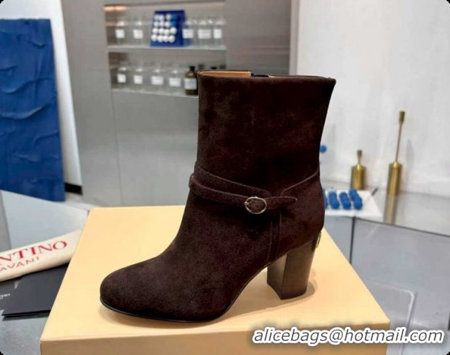 Low Cost Valentino PATTIE Heel Booties 8cm in Suede with Buckle Brown 1215069