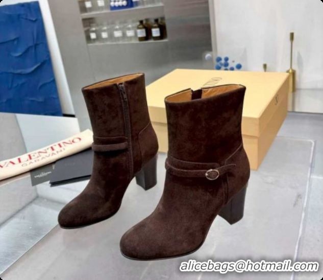 Low Cost Valentino PATTIE Heel Booties 8cm in Suede with Buckle Brown 1215069