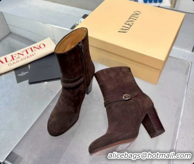 Low Cost Valentino PATTIE Heel Booties 8cm in Suede with Buckle Brown 1215069