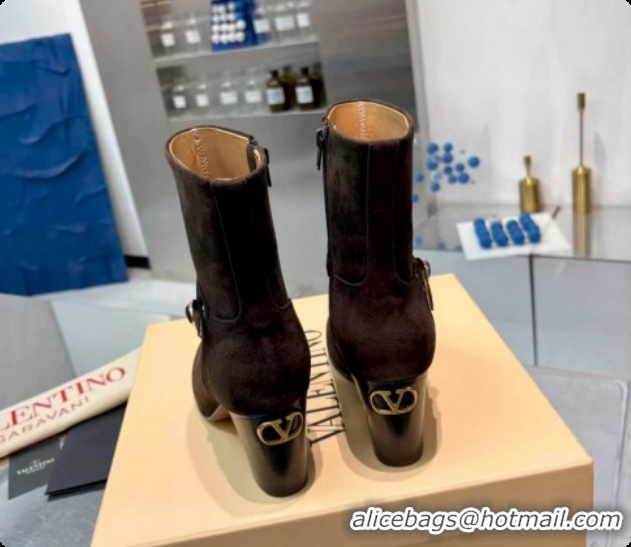 Low Cost Valentino PATTIE Heel Booties 8cm in Suede with Buckle Brown 1215069