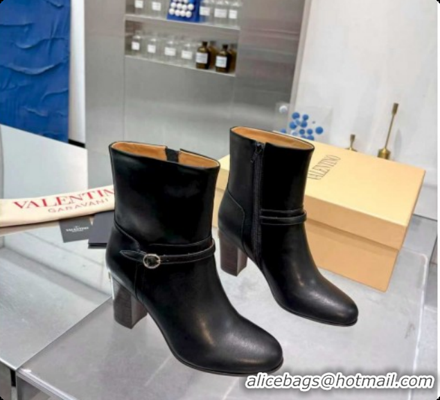 Most Popular Valentino PATTIE Heel Booties 8cm in Calfskin Leather with Buckle Black 51215070