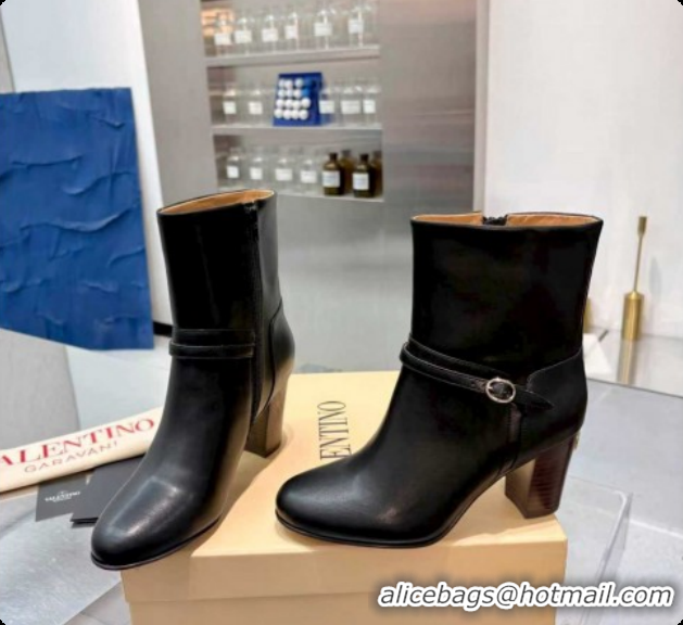 Most Popular Valentino PATTIE Heel Booties 8cm in Calfskin Leather with Buckle Black 51215070