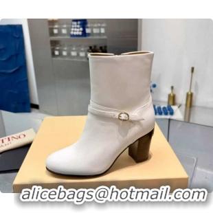 Perfect Valentino PATTIE Heel Booties 8cm in Calfskin Leather with Buckle White 1215071