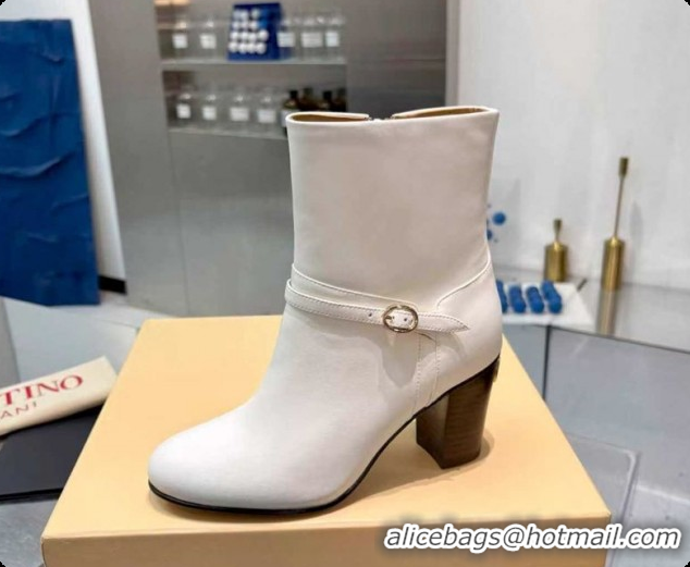 Perfect Valentino PATTIE Heel Booties 8cm in Calfskin Leather with Buckle White 1215071