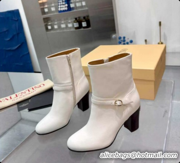 Perfect Valentino PATTIE Heel Booties 8cm in Calfskin Leather with Buckle White 1215071