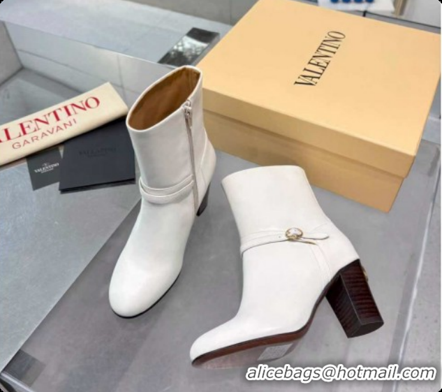 Perfect Valentino PATTIE Heel Booties 8cm in Calfskin Leather with Buckle White 1215071