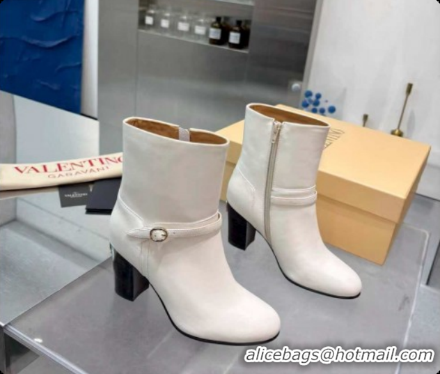 Perfect Valentino PATTIE Heel Booties 8cm in Calfskin Leather with Buckle White 1215071