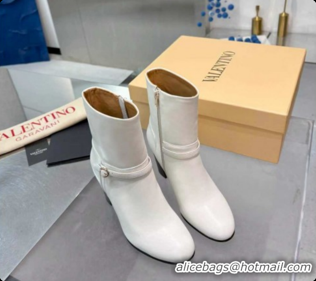 Perfect Valentino PATTIE Heel Booties 8cm in Calfskin Leather with Buckle White 1215071
