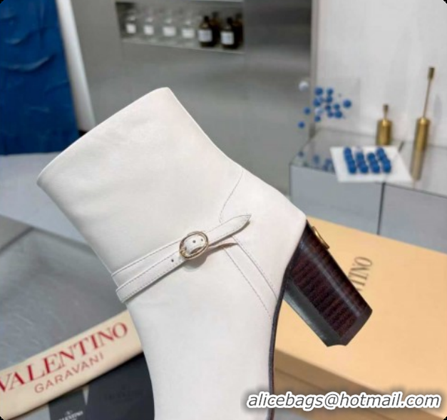 Perfect Valentino PATTIE Heel Booties 8cm in Calfskin Leather with Buckle White 1215071