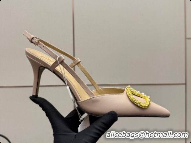 Top Quality Valentino VLogo Signature Slingbacks Pump 8.5cm in Nappa Leather with Pearls and Strass Nude Pink 1215072