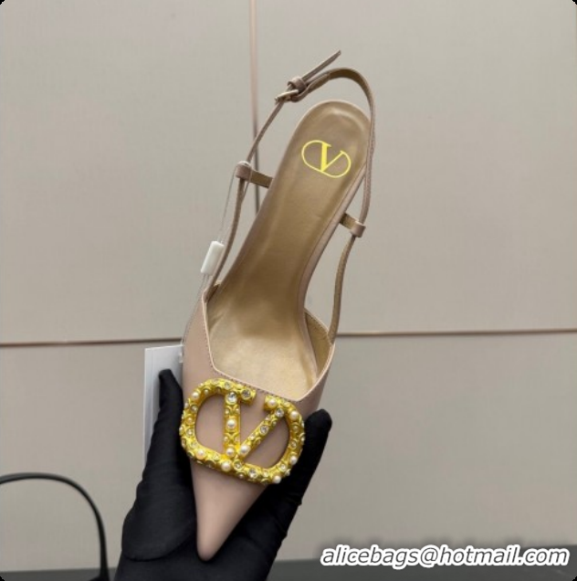 Top Quality Valentino VLogo Signature Slingbacks Pump 8.5cm in Nappa Leather with Pearls and Strass Nude Pink 1215072