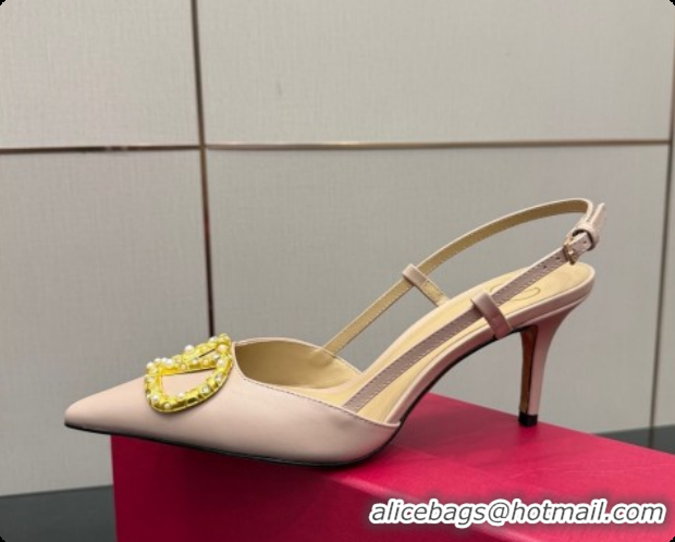 Top Quality Valentino VLogo Signature Slingbacks Pump 8.5cm in Nappa Leather with Pearls and Strass Nude Pink 1215072