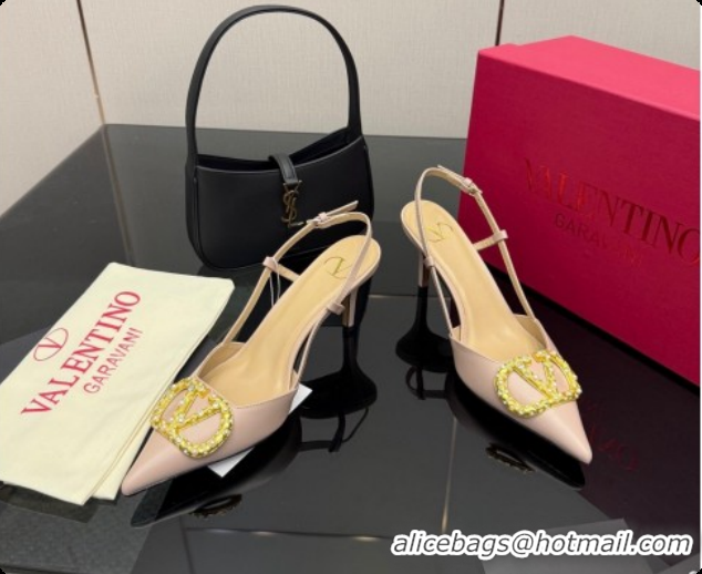 Top Quality Valentino VLogo Signature Slingbacks Pump 8.5cm in Nappa Leather with Pearls and Strass Nude Pink 1215072
