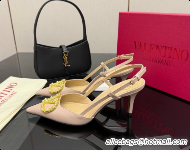 Top Quality Valentino VLogo Signature Slingbacks Pump 8.5cm in Nappa Leather with Pearls and Strass Nude Pink 1215072