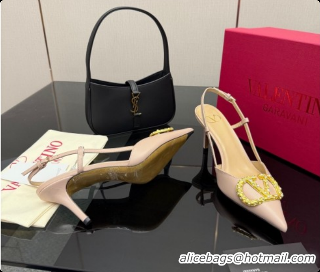 Top Quality Valentino VLogo Signature Slingbacks Pump 8.5cm in Nappa Leather with Pearls and Strass Nude Pink 1215072