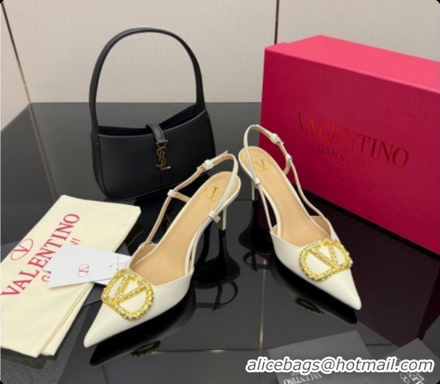 Stylish Valentino VLogo Signature Slingbacks Pump 8.5cm in Nappa Leather with Pearls and Strass White 1215073