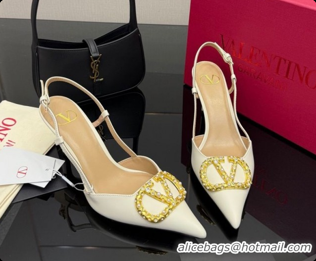 Stylish Valentino VLogo Signature Slingbacks Pump 8.5cm in Nappa Leather with Pearls and Strass White 1215073