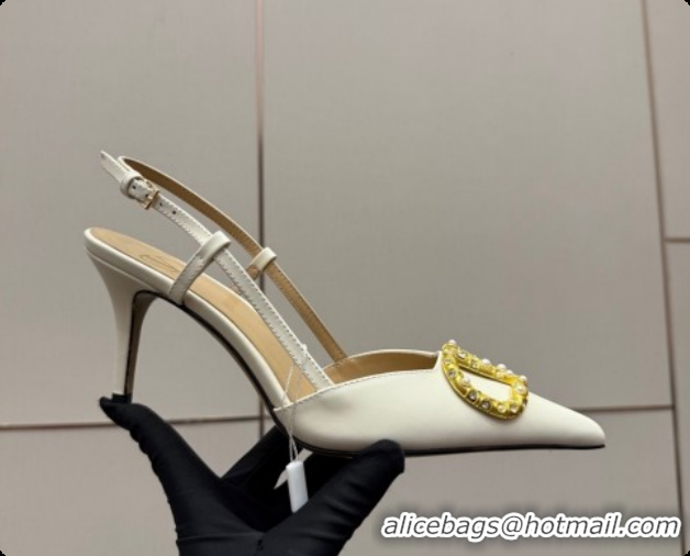Stylish Valentino VLogo Signature Slingbacks Pump 8.5cm in Nappa Leather with Pearls and Strass White 1215073