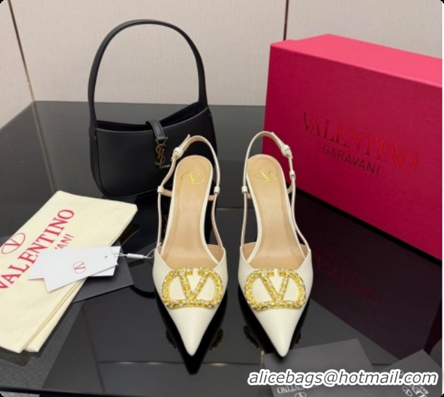 Stylish Valentino VLogo Signature Slingbacks Pump 8.5cm in Nappa Leather with Pearls and Strass White 1215073