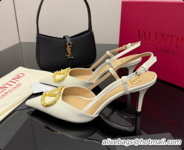 Stylish Valentino VLogo Signature Slingbacks Pump 8.5cm in Nappa Leather with Pearls and Strass White 1215073