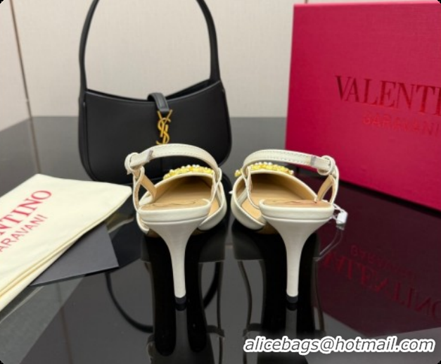 Stylish Valentino VLogo Signature Slingbacks Pump 8.5cm in Nappa Leather with Pearls and Strass White 1215073