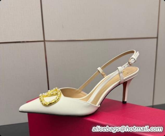 Stylish Valentino VLogo Signature Slingbacks Pump 8.5cm in Nappa Leather with Pearls and Strass White 1215073
