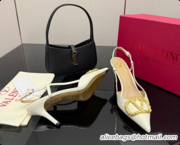 Stylish Valentino VLogo Signature Slingbacks Pump 8.5cm in Nappa Leather with Pearls and Strass White 1215073