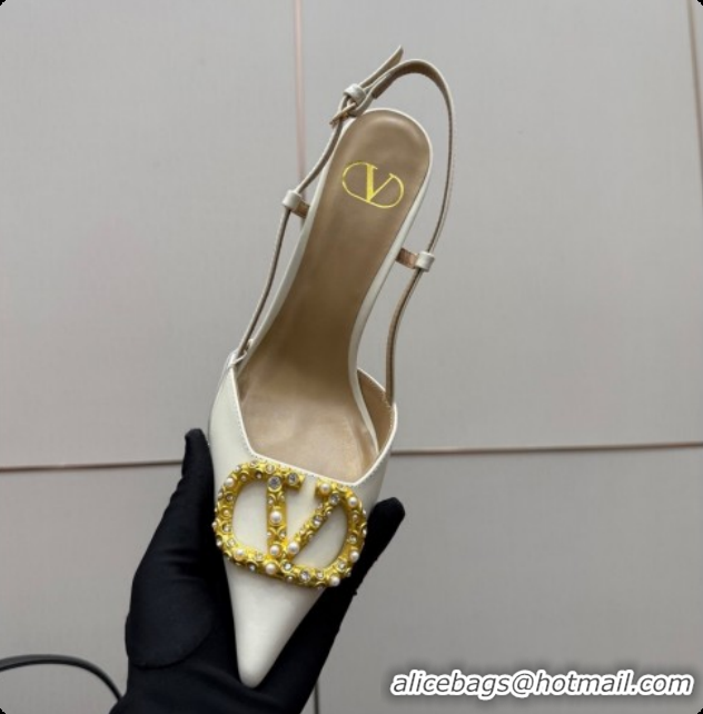 Stylish Valentino VLogo Signature Slingbacks Pump 8.5cm in Nappa Leather with Pearls and Strass White 1215073