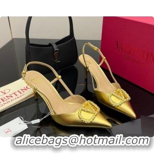 Super Quality Valentino VLogo Signature Slingbacks Pump 8.5cm in Laminated Nappa Leather with Pearls and Strass Gold 121