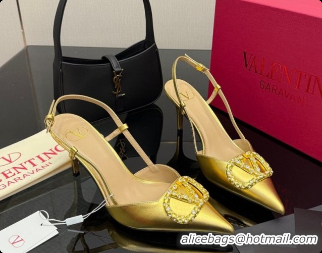 Super Quality Valentino VLogo Signature Slingbacks Pump 8.5cm in Laminated Nappa Leather with Pearls and Strass Gold 121