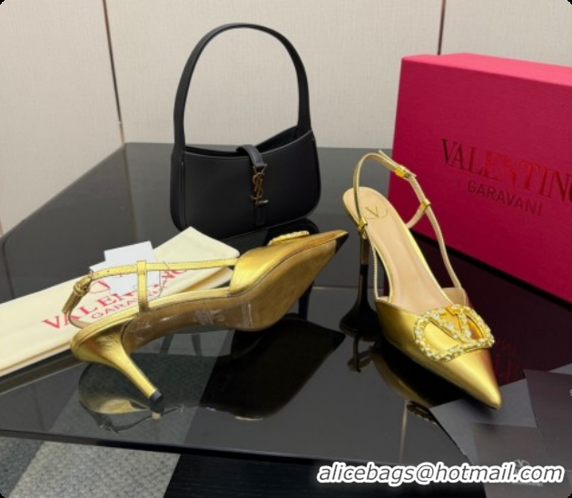 Super Quality Valentino VLogo Signature Slingbacks Pump 8.5cm in Laminated Nappa Leather with Pearls and Strass Gold 121