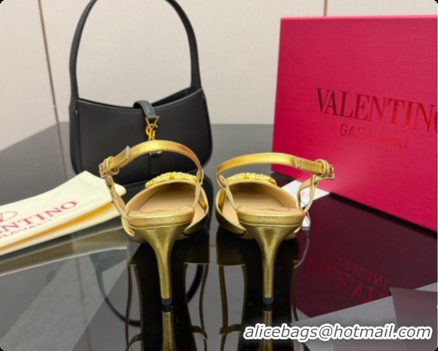 Super Quality Valentino VLogo Signature Slingbacks Pump 8.5cm in Laminated Nappa Leather with Pearls and Strass Gold 121