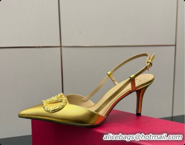 Super Quality Valentino VLogo Signature Slingbacks Pump 8.5cm in Laminated Nappa Leather with Pearls and Strass Gold 121