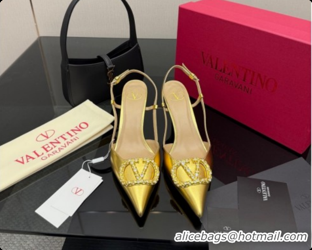 Super Quality Valentino VLogo Signature Slingbacks Pump 8.5cm in Laminated Nappa Leather with Pearls and Strass Gold 121