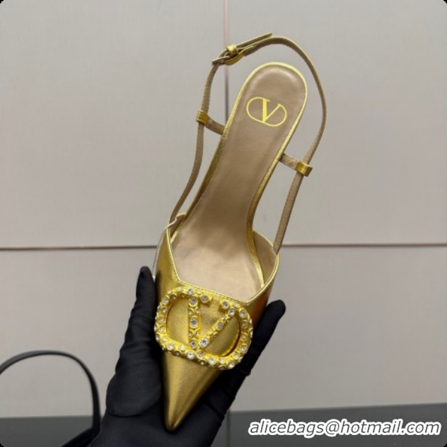Super Quality Valentino VLogo Signature Slingbacks Pump 8.5cm in Laminated Nappa Leather with Pearls and Strass Gold 121