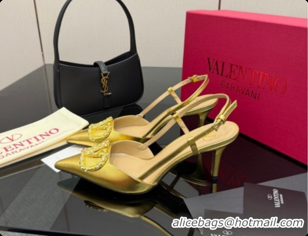 Super Quality Valentino VLogo Signature Slingbacks Pump 8.5cm in Laminated Nappa Leather with Pearls and Strass Gold 121