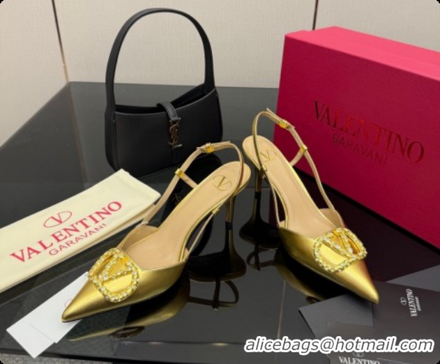 Super Quality Valentino VLogo Signature Slingbacks Pump 8.5cm in Laminated Nappa Leather with Pearls and Strass Gold 121