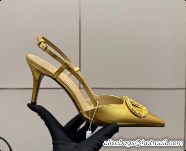 Super Quality Valentino VLogo Signature Slingbacks Pump 8.5cm in Laminated Nappa Leather with Pearls and Strass Gold 121