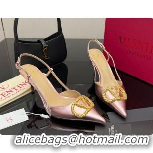 Duplicate Valentino VLogo Signature Slingbacks Pump 8.5cm in Laminated Nappa Leather with Pearls and Strass Pink 1215075